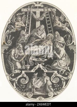 Lamentazione di Cristo, passione di Cristo (titolo della serie), Passio verbigenae quae nostra redemptio Christi (titolo della serie), Cristo è pianto da Maria e da altre quattro donne dopo la discesa dalla croce. In piedi ovale con ornamento. In primo piano due uomini chiudono la tomba contenente il cadavere di Cristo. L'undicesima stampa di una serie di tredici parti di stampe ornamentali sulla passione di Cristo., stampa, tipografo: Johann Sadeler (i), dopo il disegno di: Marcus Gheeraerts (i), editore: Johann Sadeler (i), sconosciuto, 1560 - 1600, carta, incisione, altezza, 150 mm x larghezza, 114 mm Foto Stock