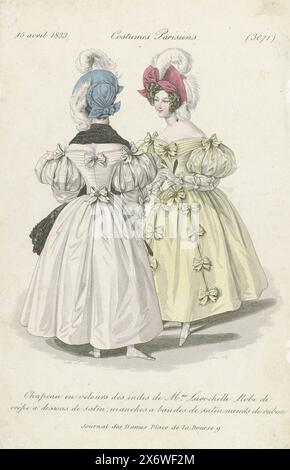 Journal des Dames et des Modes, Costumes Parisiens, 15 aprile 1833, (3071): Chapeau en velours (...), due donne, una delle quali vista da dietro, vestivano le stesse. Sulla testa un cappello fatto di "velours des indes" di Larochelle. Abito in crepe con raso, maniche con fasce in raso e fiocchi a nastro. La stampa fa parte della rivista di moda Journal des Dames et des Modes, Parigi, 1797-1839., tipografo: Gatine, (menzionato sull'oggetto), dopo il disegno di: Louis Marie Lanté, (menzionato sull'oggetto), 1833, carta, incisione, altezza, 230 mm x larghezza, 148 mm Foto Stock