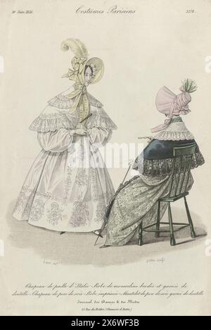 Le Journal des Dames et des Demoiselles, 10 giugno 1835, No. 3278: Chapeau de paille d'Itali (...), due donne, una delle quali è seduta e vista dalla schiena. Secondo la didascalia: Cappello fatto di "paille d'Italie". Abito in muschio ricamato e decorato con pizzo. Cappello in "pou de soie". Abito stampato con motivo a foglia. "Mantelet" in "pou de soie" decorato con pizzo. La stampa fa parte della rivista di moda Journal des Dames et des Modes, Parigi, 1797-1839., tipografo: Gatine, (menzionato sull'oggetto), dopo il disegno di: Louis Marie Lanté, (menzionato sull'oggetto), 1835, carta, incisione Foto Stock