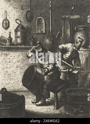 Coppersmith, due coppersmiths in un laboratorio; uno di loro martelli su una vasca, l'altro taglia una piastra di rame., stampa, stampatore: Anonimo, dopo stampa di: Jan Gillisz. Van Vliet, (menzionato sull'oggetto), 1635 - 1685, carta, incisione, altezza c. 210 mm x larghezza c. 162 mm Foto Stock