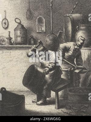 Coppersmith, professioni (titolo della serie), due coppersmiths in un'officina; uno di loro martelli su una vasca, l'altro taglia una piastra di rame., stampa, stampatore: Jan Gillisz. Van Vliet, (menzionato in oggetto), Leiden, 1635, carta, incisione, altezza c. 210 mm x larghezza c. 162 mm Foto Stock