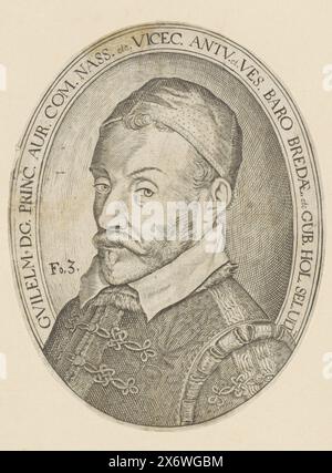 Ritratto di Guglielmo i, Principe d'Orange, Ritratto di Guglielmo i in un ovale con scritta a bordo che si collega alle spalle. Sinistra 'Fo.3.', stampa, stampatore: Anonimo, Paesi Bassi, c. 1616, carta, incisione, incisione, altezza, 131 mm x larghezza, 101 mm Foto Stock