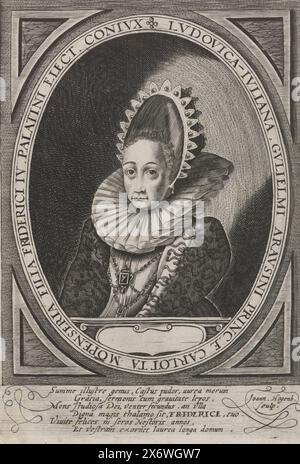 Ritratto di Luisa Giuliana, Principessa d'Orange, Ritratto di Luisa Giuliana in un ovale con scritta a bordo. Sei righe di testo latino nel margine inferiore., stampa, tipografo: Johann Hogenberg, (menzionato sull'oggetto), dopo stampa di: Crispijn van de Passe (i), Colonia, 1594 - 1614, carta, incisione, incisione, altezza, 193 mm x larghezza, 125 mm Foto Stock