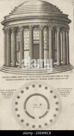 Tempio di Ercole sul Forum Boarium, Speculum Romanae Magnificentiae (titolo della serie), vista frontale del tempio di Ercole (in scala) sul Forum Boarium di Roma. Sotto una mappa del tempio. Testo in latino e italiano su entrambi i lati della mappa., stampa, tipografo: Anonimo, editore: Antonio Lafreri, (attribuito a), Roma, 1568, carta, incisione, altezza, 415 mm x larghezza, 235 mm, altezza, 541 mm x larghezza, 407 mm Foto Stock