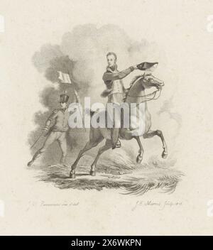 Ritratto equestre di Guglielmo II, re dei Paesi Bassi, ritratto equestre di Guglielmo II nella battaglia di Waterloo, 18 giugno 1815., stampa, stampatore: Jacob Ernst Marcus, (menzionato sull'oggetto), su disegno di: Jan Willem Pieneman, (menzionato sull'oggetto), Amsterdam, 1816, carta, incisione, incisione, altezza, 235 mm x larghezza, 151 mm Foto Stock