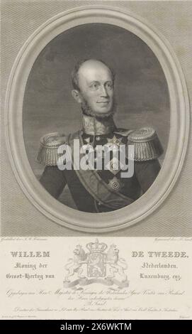 Ritratto di Guglielmo II, re dei Paesi Bassi, Ritratto di Guglielmo II in un ovale. Al centro sotto il suo stemma con una corona e due leoni. Sotto di esso su un banderole il suo motto di genere. Nel margine inferiore ci sono il nome e i titoli., stampa, tipografo: Benoit Taurel, (menzionato sull'oggetto), dopo il dipinto di: Jan Adam Kruseman, (menzionato sull'oggetto), tipografo: Jacobus Franciscus Brugman, (menzionato sull'oggetto), Amsterdam, 1840 - 1853, carta, incisione, incisione, altezza, 438 mm x larghezza, 306 mm Foto Stock