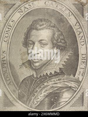 Ritratto di Adolfo, conte di Nassau-Siegen, Ritratto di Adolfo in un ovale con scritta a bordo che si collega alle spalle., stampa, stampatore: Anonimo, Paesi Bassi, 1600 - 1699, carta, incisione, incisione, altezza, 129 mm x larghezza, 102 mm Foto Stock