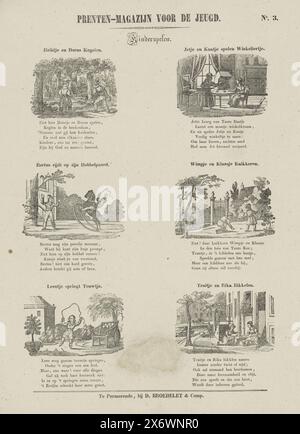 Giochi per bambini, rivista Stampa per giovani (titolo della serie su oggetto), giochi per bambini (titolo della serie su oggetto), Foglio con 6 rappresentazioni di giochi per bambini, come birilli, giocare a negoziante, cavalcare un cavallo a dondolo e giocare a biglie. Sopra ogni performance un titolo e sotto ogni performance un verso di sei righe. Numerato in alto a destra: N. 3., stampa, editore: Daniël Broedelet, (menzionato sull'oggetto), stampatore: Anonimo, Purmerend, 1839 - 1841, carta, stampa letterpress, altezza, 422 mm x larghezza, 334 mm Foto Stock