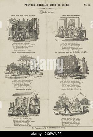 Giochi per bambini, rivista Print for Youth (titolo della serie su oggetto), giochi per bambini (titolo della serie su oggetto), Foglio con 6 rappresentazioni di giochi per bambini, tra cui cavalcare in un carro e far volare un aquilone. Sopra ogni performance un titolo e sotto ogni performance un verso di sei righe. Numerato in alto a destra: N. 15., stampa, editore: Daniël Broedelet, (menzionato sull'oggetto), stampatore: Anonimo, Purmerend, 1839 - 1841, carta, stampa letterpress, altezza, 415 mm x larghezza, 333 mm Foto Stock