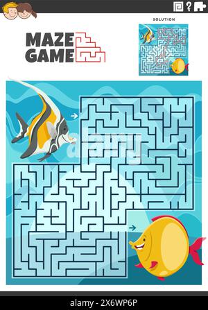 Illustrazione a cartoni animati di un gioco di puzzle labirinto educativo con personaggi di animali marini di pesci Illustrazione Vettoriale