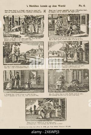 S ingresso umano in questo mondo (titolo su oggetto), Foglio con 7 spettacoli sulla vita di un bambino, dalla nascita all'apprendimento a camminare. Sotto ogni immagine un verso a due righe. Numerato in alto a destra: N. 6., stampa, editore: Weduwe C. Kok-van Kolm, (menzionato sull'oggetto), stampatore: Anonimo, editore: Amsterdam, stampatore: Paesi Bassi, 1842 - 1866, carta, stampa intestata, altezza, 396 mm x larghezza, 321 mm Foto Stock