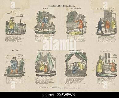Attività infantili (titolo su oggetto), foglio con 8 rappresentazioni di giochi e attività per bambini, tra cui pesca, equitazione di capre e gioco di ciechi. Sotto ogni immagine un verso di sei righe e sopra ogni immagine un titolo., stampa, stampatore: Frederik Christiaan Fuchs, (menzionato sull'oggetto), editore: Cornelis Johannes Koster, (menzionato sull'oggetto), Amsterdam, 1825 - 1847, carta, stampa con carta intestata, altezza, 328 mm x larghezza, 415 mm Foto Stock