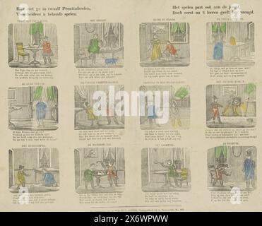 Qui potete vedere in dodici immagini, diversi giochi che conoscete. Giocare è adatto anche ai giovani, ma solo dopo aver imparato porta gioia (titolo su oggetto), Foglio con 12 rappresentazioni di giochi e attività per bambini, tra cui biglie, bolle d'aria e giri. Sotto ogni immagine un verso di quattro righe e sopra ogni immagine un titolo., stampa, editore: Cornelis Johannes Koster, (menzionato sull'oggetto), stampatore: Anonimo, editore: Amsterdam, stampatore: Paesi Bassi, 1825 - 1847, carta, stampa intestata, altezza, 332 mm x larghezza, 431 mm Foto Stock