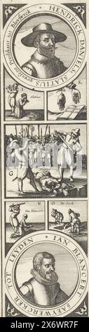 Esecuzione di Henricus Slatius e Jan Blansaert, 1623, esecuzione di Henricus Slatius e Jan Blansaert, due dei cospiratori condannati contro Maurizio, 5 maggio 1623 a l'Aia. Ritratti rotondi dei condannati con scene delle esecuzioni e l'esposizione o la sepoltura dei corpi. L'album originale si divise in due, senza il testo., stampa, stampatore: Claes Jansz. Visscher (II), Amsterdam, 1623, carta, incisione, altezza, 268 mm x larghezza, 75 mm Foto Stock