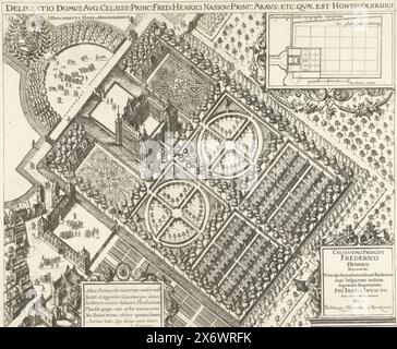 Vista dall'alto di Honselaarsdijk, Delineatio domvs avg. celsiss. Preside Fred. Henrici Nassov. Preside Aravs. ecc.. Qvae est Hontsholerdici (titolo sull'oggetto), S. Hoochheyts Hoff tot Honsholerdick (titolo sull'oggetto), vista dall'alto del Palazzo Honselaarsdijk e dei suoi giardini. Nell'angolo in alto a destra un cartiglio con una mappa dell'intero. In basso a sinistra un cartiglio con una poesia latina sul palazzo di P. Nootmans., stampa, tipografo: Balthasar Florisz. Van Berckenrode, editore: Claes Jansz. Visscher (II), Pieter Nootmans, (menzionato sull'oggetto), tipografo: L'Aia, editore: Amsterdam, 1635 Foto Stock