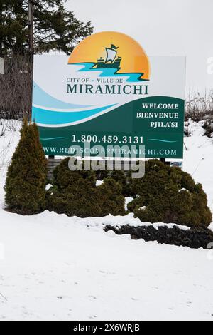 Benvenuto al cartello Miramichi a Miramichi, New Brunswick, Canada Foto Stock