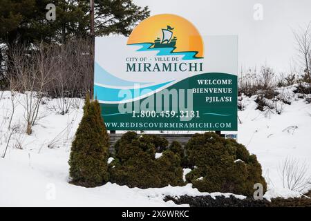 Benvenuto al cartello Miramichi a Miramichi, New Brunswick, Canada Foto Stock