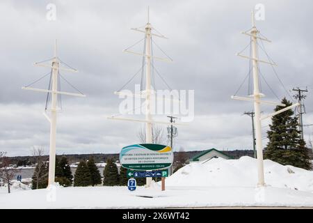 Scultura degli alberi della nave all'Elm Park di Miramichi, New Brunswick, Canada Foto Stock