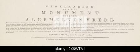 Foglio di testo per la stampa con l'allegoria e calligrafia sulla pace di Amiens, 1802, spiegazione del Monumento alla Pace generale, foglio di testo con la spiegazione in due colonne della rappresentazione della stampa con l'allegoria sulla pace conclusa ad Amiens il 27 marzo 1802, tra la Repubblica Batava e la Francia e la Gran Bretagna. foglio di testo, editore: Langeveld en Hulsebosch, (menzionato sull'oggetto), Amsterdam, 1802, carta, stampa con carta intestata, altezza, 142 mm x larghezza, 445 mm Foto Stock