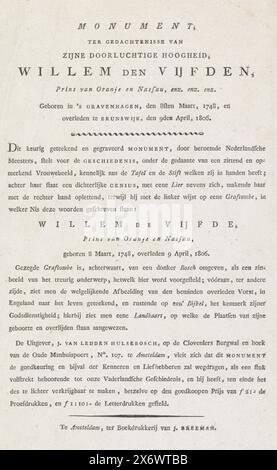 Spiegazione della stampa con il monumento funerario allegorico per il principe Willem V, 1806, Monumento in memoria di sua altezza Serenissima Willem den Vijfde (...) (titolo sull'oggetto), spiegazione appartenente alla stampa con il monumento funerario allegorico per il principe Willem V, morto il 9 aprile 1806. Foglio di testo stampato con una spiegazione delle prestazioni e dei prezzi per le diverse edizioni dell'editore Van Ledden Hulsebosch., foglio di testo, stampante: J. Breeman, (menzionato sull'oggetto), Amsterdam, 1806, carta, stampa intestata, altezza, 208 mm x larghezza, 121 mm Foto Stock