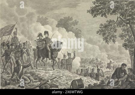 Principe d'Orange durante la battaglia di Quatre-Bras, 1815, seconda serie di quattro piatti delle battaglie di Quatre-Bras e Waterloo (titolo della serie), Willem Frederik George, Principe d'Orange, viene ucciso durante l'attacco francese nella battaglia di Quatre-Bras fu circondato il 16 giugno 1815, ma fu sollevato dalle truppe olandesi del VII battaglione. Il principe gesta alle truppe e promette loro un distintivo d'onore per gratitudine. Copia tagliata senza testi., stampa, stampatore: Dirk Sluyter, dopo disegno di: Jan Kamphuijsen, editore: J. Groenewoud, stampatore: Paesi Bassi, editore Foto Stock