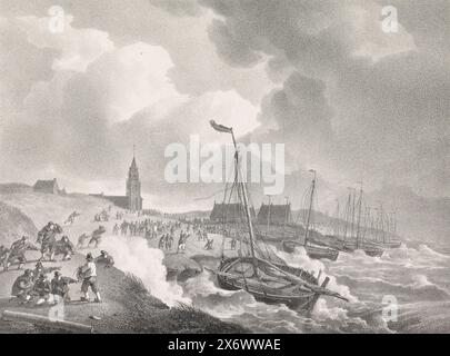 Tempesta a Scheveningen, 1825, la spiaggia di Scheveningen durante la forte tempesta del 4 febbraio 1825. Gli abitanti del villaggio sono andati in spiaggia. Parte di un gruppo di illustrazioni da un libro commemorativo dell'inondazione del 1825., stampa, tipografo: Alexandre Joseph Boens, (menzionato sull'oggetto), dopo disegno di: Andreas Schelfhout, (menzionato sull'oggetto), tipografo: Burggraaff, (menzionato sull'oggetto), tipografo: Paesi Bassi meridionali, tipografo: Bruxelles, 1825 - 1826, carta, altezza, 231 mm x larghezza, 302 mm Foto Stock