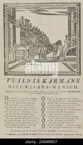 Saluto di Capodanno da parte dei collezionisti di spazzatura di Amsterdam per l'anno 1834, desiderio di Capodanno di spazzatura-karmans (titolo su oggetto), saluto di Capodanno da parte dei collezionisti di spazzatura di Amsterdam per l'anno 1834. Vista in una strada di Amsterdam dove due uomini caricano la spazzatura su un carro. Un altro uomo raccoglie soldi da una casa. Con poesia in due colonne. Dalla spazzatura cartman nel distretto n. 19: Johannis Bongaards., stampa, stampatore: Anonimo, stampatore: J. Wendel en Zoon, (menzionato sull'oggetto), Amsterdam, 1833 - 1834, carta, stampa con carta intestata, altezza, 344 mm x larghezza, 212 mm Foto Stock