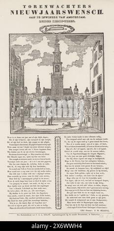 Saluto di Capodanno dai custodi della torre dello Zuiderkerk di Amsterdam, ca. 1840-1870, desiderio di Capodanno dei custodi della torre (...) Zuider-Kerkstoren (titolo sull'oggetto), saluto di Capodanno dal guardiano della torre dell'Amsterdam Zuiderkerk, ca. 1840-1870. Vista del Westerkerk di Amsterdam, due uomini raccolgono soldi dalle case. In fondo una poesia in due colonne. Dal guardiano della torre: F.W. Bulsing., stampatore: Anonimo, stampatore: F.G.L. Holst, (menzionato sull'oggetto), Amsterdam, 1840 - 1870, carta, stampa tipografica, altezza, 468 mm x larghezza, 281 mm Foto Stock