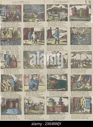 Vi piacerebbe vedere il Rarekiek, venire qui, vecchi e giovani., l'uomo è pronto, la stampa inizia, in questa stampa Rarekieken (titolo su oggetto), Foglio con venti spettacoli mostrati dal rarekiek. La prima e l'ultima immagine mostrano l'inizio e la fine dello spettacolo. Sotto ogni immagine c'è un verso di quattro righe. Numerato in alto a destra: N. 30. Circa 1800-1850., stampa, stampante: P.C.L. van Staden Czn., tipografo: Anonimo, tipografo: Amsterdam, tipografo: Paesi Bassi, 1850 - 1870, carta, incisione legno, stampa letterpress, altezza, 362 mm x larghezza, 284 mm Foto Stock