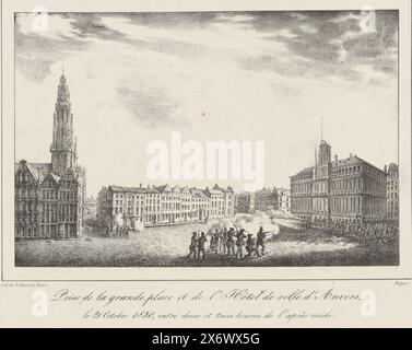 Conquista del Grote Markt e del Municipio, 1830, Prize de la grande Place et de l'Hôtel de ville d'Anvers (titolo sull'oggetto), diciannove tavole dei combattimenti ad Anversa, 26-27 ottobre 1830 (titolo della serie), conquista da parte degli insorti del Grote Markt e del municipio di Anversa il 26 ottobre 1830. Con didascalia a due righe. Parte di una serie di diciannove tavole dei combattimenti ad Anversa, 26-27 ottobre 1830., stampa, stampatore: Anonimo, stampante: Henry Ratinckx, (menzionato sull'oggetto), stampatore: Belgio, stampatore: Anversa, 1830 - 1831, carta, altezza, 279 mm x larghezza, 376 mm Foto Stock