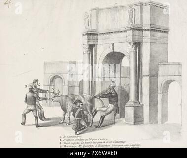 Battaglia per la mucca belga, 1830, Cartoon sui tentativi di re Guglielmo i di mantenere il Belgio, 1830. Il re tira la mucca belga per la coda e viene rasata in faccia, mentre il principe ereditario munge la mucca mentre può ancora. A sinistra, due belgi tirano la mucca per le corna. Sullo sfondo il Willemspoort a Bruxelles. Nella didascalia la leggenda 1-4, con 4 due versi (adattati) della canzone "Bon voyage Monsieur Dumollet" cantata dal ribelle belga., stampa, stamperia: Anonimo, Belgio, 1830 - 1831, carta, altezza, 215 mm x larghezza, 271 mm Foto Stock