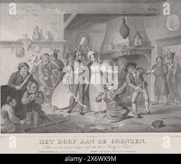 Scena del dramma "il villaggio ai confini", 1830, il villaggio ai confini. (Schizzo di oggi, 1830-1831.) 2a. Azienda, dodicesima. Teatro (titolo su oggetto), scena dalla commedia "il villaggio ai confini" di Mr. J. van Lennep, rappresentata per la prima volta nello Stadsschouwburg di Amsterdam il 22 dicembre 1830. L'interno della locanda con il capitano belga d'Egelantiers inginocchiato a terra minacciato da un uomo con un forcone. Al centro un lancer olandese con una giovane donna. Anche gli altri volontari belgi vengono catturati. Testi diversi nella didascalia. La stampa include una chiave con i nomi di Foto Stock