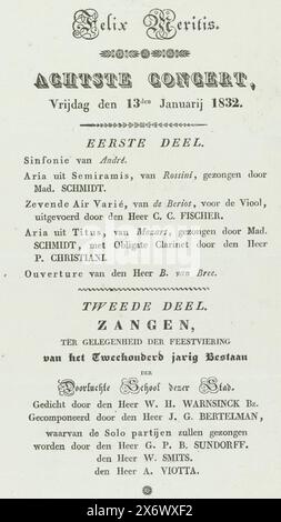 Programma del concerto al secondo centenario dell'Athenaeum illustre di Amsterdam, 1832, Felix Meritis, ottavo concerto, venerdì 13 gennaio 1832 (titolo oggetto), programma del concerto a Felix Meritis il 13 gennaio, 1832 in occasione del secondo centenario (1632-1832) dell'Athenaeum illustre di Amsterdam. Foglio di testo stampato su un lato., foglio di testo, stampante: Anonimo, Amsterdam, gennaio 1832, carta, stampa intestata, altezza, 223 mm x larghezza, 140 mm Foto Stock