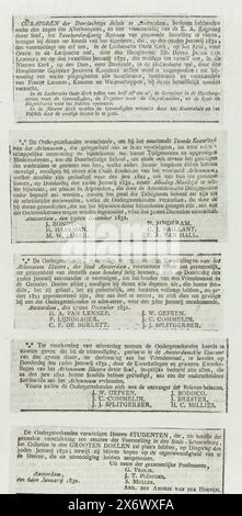 Ritagli di giornali sul secondo centenario dell'Athenaeum illustre di Amsterdam, 1832, foglio piegato su cui sono stati incollati otto ritagli di giornali, tutti relativi alla celebrazione nel gennaio 1832 del secondo centenario (1632-1832) dell'Athenaeum illustre di Amsterdam. anonimo, Amsterdam, gennaio 1832, carta, stampa intestata, altezza, 330 mm x larghezza, 205 mm Foto Stock