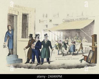 Cartone animato su C. Seyn, 1838-1839, Cartoon sull'impiegato di Leida C. Seyn che è condotto in prigione da due agenti di polizia. Sullo sfondo una casa di vendita di mobili dove un gruppo di donne canta e danza con gioia sull'arresto. Seyn ha rubato dal tesoro della città per il suo hobby (dipinti). Sulla destra alcuni dipinti si appoggiavano su un armadietto, un barattolo di sciroppo e una piuma di pavone. Il furto è stato scoperto il 10 ottobre 1838, e il verdetto è stato pronunciato il 27 settembre 1839., stampa, stampatore: Anonimo, editore: Leendert Springer (i), (menzionato sull'oggetto), Leida, 1838 - 1839, carta, altezza Foto Stock