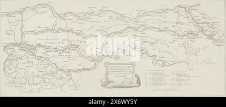 Mappa lineare che serve a informare le innovazioni in Ao. 1799 (titolo sull'oggetto), Mappa del bacino idrografico del Reno, Lek, Maas e Waal. Parte di un gruppo di placche in relazione alle violazioni delle dighe e alle inondazioni nella parte meridionale del Gelderland nel febbraio 1799. In basso, centrare un cartiglio con titolo e un pavimento di ghiaccio. A destra la leggenda A-M della diga principale viola a febbraio., stampa, tipografo: Anonimo, Cornelis Zillesen, (menzionato sull'oggetto), paesi Bassi, 1799 - 1800, carta, incisione, incisione, altezza, 390 mm x larghezza, 800 mm Foto Stock