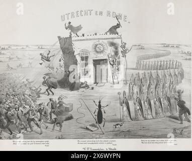 Cartoon on the temuta chiusura dell'Università di scienze applicate di Utrecht, 1853, Utrecht e Roma (titolo sull'oggetto), Cartoon on on the temuta chiusura dell'Università di scienze applicate di Utrecht, 1853. Un gruppo di funzionari del Ministero degli interni cerca di rompere l'edificio dell'Università di scienze applicate di Utrecht con corde per demolire l'università. Sul tetto dell'edificio ci sono due professori (tra cui G.J. Mulder) che cercano di respingere gli attacchi. Studenti e professori in fuga a sinistra. A destra, una lunga processione di vescovi marcia verso Utrecht. Al centro Foto Stock