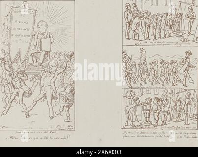 Due tavole da "The New School Act and the Report of the Commission, Illustrated by Veridicus", 1879, Cartoons from the booklet New School Act and the Report of the Commission, 1879 (titolo della collana), Foglio con le targhe numerate II e XV parte di una serie di otto fogli, ciascuno con due vignette sulla nuova legge sull'istruzione primaria, tratte dall'opuscolo "New School Act and the Report of the Commission" di Veridicus, aprile 1879. (menzionato sull'oggetto), tipografo: Gustav Adolph Döhrn, editore: Ducroissi Goetzee, tipografo: Paesi Bassi, tipografo: Rotterdam Foto Stock