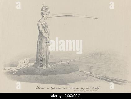 Cartoon on the expansion of the Vondelpark in Amsterdam, 1877, Lord My Time, What a nose if i say so self (title on object), Cartoon on the last expansion of the Vondelpark, completato il 7 giugno 1877. La città di Amsterdam vergine dal naso estremamente lungo si affaccia sulla mappa di Amsterdam con il paesaggistico Vondelpark., stampa, stampatore: Johan Braakensiek, editore: Marlof, stampatore: Paesi Bassi, editore: Amsterdam, 1877, carta, altezza, 300 mm x larghezza, 427 mm Foto Stock