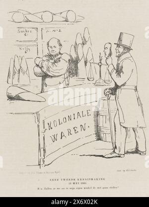 Cartone animato sull'emissione di contratti culturali nelle Indie orientali olandesi, 1860, Un secondo conoscente. 11 maggio 1860 (titolo sull'oggetto), Cartoon sull'emissione di contratti culturali nelle Indie orientali olandesi. Ministro delle colonie Jan Jacob Rochussen come negoziante e barone van Hoëvell con una maschera come cliente. Targa pubblicata sul settimanale De Nederlandsche Spectator, n.. 20, 19 maggio 1860., stampa, stampatore: Johan Michaël Schmidt Crans, stampatore: H.L. Smits, (menzionato sull'oggetto), editore: Dirk Anthonie Thieme, (menzionato sull'oggetto), stampatore: Paesi Bassi, stampatore Foto Stock