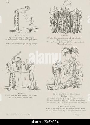 Cartoon on the Cultural contracts in the East Indies, 1861, Cartoon on the Cultural contracts and free Labour on Java. Quattro rappresentazioni di piantare una pianta di caffè, di canna da zucchero e di zuccherificio, di pagamento e punizione e di un giavanese riposante. Targa pubblicata sul settimanale De Nederlandsche Spectator, n.. 2, 12 gennaio 1861., stampa, stampatore: Johan Michaël Schmidt Crans, stampatore: H.L. Smits, (menzionato sull'oggetto), editore: Dirk Anthonie Thieme, (menzionato sull'oggetto), stampatore: Paesi Bassi, stampatore: Paesi Bassi, editore: Arnhem, editore: l'Aia, 1861, carta Foto Stock