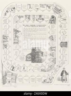 Cartone animato sulla Utrecht University of Applied Sciences sotto forma di un gioco da tavolo d'oca, 1864, Un nuovo divertente gioco dell'oca, per la dolce giovinezza della nostra University of Applied Sciences (titolo su oggetto), cartone animato sull'Università di Scienze applicate di Utrecht sotto forma di gioco da tavolo d'oca. Al centro delle regole del gioco. In basso a destra un ritratto del beadle di Utrecht e libraio J. de Kruyff. Foto dell'almanacco studente dell'Università di Scienze applicate di Utrecht del 1864., stampa, stampatore: Anonimo, dopo disegno di: Dirk Beets, stampatore: Pieter Wilhelmus van de Foto Stock