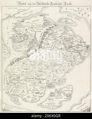 Cartoon from the Utrecht Student almanac, 1834, Mappa della Stichtsche Academie-Land (titolo sull'oggetto), Cartoon from the Student almanac of the University of Utrecht of the Year 1834. Mappa di un'isola immaginaria piena di luoghi e caratteristiche con nomi in latino ( e olandese) che si riferiscono allo studio all'università., stampa, stampatore: Anonimo, Paesi Bassi, 1834, carta, altezza, 407 mm x larghezza, 338 mm Foto Stock