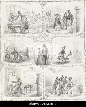 Cartone animato dell'almanacco studentesco di Utrecht, 1855, gli studenti nei posti vacanti (titolo sull'oggetto), Cartoon dell'almanacco studentesco dell'Università di Utrecht dell'anno 1855. Foglio con sette rappresentazioni di come gli studenti trascorrono le vacanze., stampa, tipografo: Carel Christiaan Antony Last, (menzionato sull'oggetto), tipografo: P. Blommers (Steendrukkerij van), (menzionato sull'oggetto), editore: Post Uiterweer & Comp., (menzionato sull'oggetto), tipografo: Paesi Bassi, tipografo: L'Aia, editore: Utrecht, 1855, carta, altezza, 498 mm x larghezza, 410 mm Foto Stock