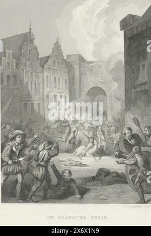 French Fury in Anversa, 1583, The French Fury (titolo sull'oggetto), The French Fury in Anversa, 17 gennaio 1583. Combattimenti tra i soldati francesi del Duca d'Angiò e i cittadini di Anversa., stampa, tipografo: Jan Frederik Christiaan Reckleben, (menzionato sull'oggetto), Amsterdam, 1853 - 1855, carta, incisione in acciaio, altezza, 241 mm x larghezza, 175 mm Foto Stock