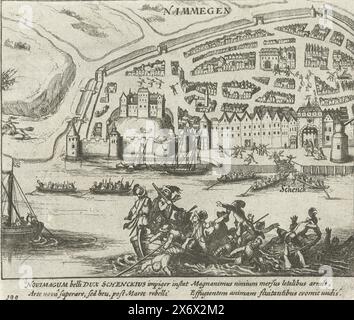 Fallito attacco a Nijmegen, 1589, fallito attacco a Nijmegen, 10 agosto 1589. Martin Schenck annegò nel Waal. Episodio della guerra di Colonia. Con didascalia di 4 righe in latino. Numerato 199. Stampato sul retro con testo in latino., stampa, tipografo: Simon Frisius, dopo la stampa di: Frans Hogenberg, Paesi Bassi settentrionali, 1613 - 1615, carta, incisione, altezza, 135 mm x larghezza, 160 mm Foto Stock