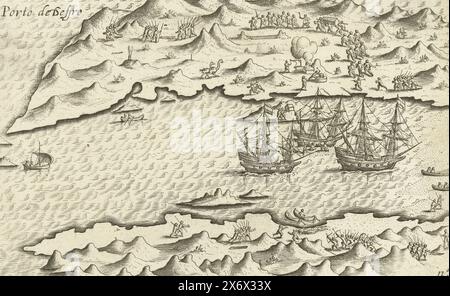 Arrivo a Porto Desire, 1599, Porto de Desire (titolo sull'oggetto), arrivo delle tre navi a Porto Deseado, 20 settembre 1599. Caccia sulla terra, combattendo con gli abitanti originari del Sud America e un membro dell'equipaggio defunto sepolto. Parte delle illustrazioni nel resoconto del viaggio intorno al mondo di Olivier van Noort nel 1598-1601. N. 7., tipografo: Anonimo, Paesi Bassi settentrionali, 1601 - 1602 e/o 1646, carta, incisione, incisione, altezza c. 145 mm x larghezza c. 225 mm Foto Stock