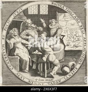 Il mese di gennaio, Epifania, ca. 1600, i dodici mesi dell'anno raffigurati in scene della vita popolare (titolo della serie), Schemata, presentazione rotonda con il mese di gennaio. Quattro persone intorno a un tavolo celebrano l'Epifania, circa 1600. Con il segno dell'Acquario. Con scritta Edge in latino. Stampa n. 1 nella serie dei dodici mesi dell'anno raffigurati in scene della vita popolare., stampa, stampatore: Anonimo, dopo stampa di: Crispijn van de Passe (i), dopo disegno di: Maerten de Vos, Paesi Bassi, 1600 - 1649 e/o 1650 - 1675, carta, incisione, altezza, 117 mm x larghezza, 120 mm Foto Stock