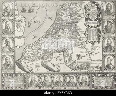 Mappa dei Paesi Bassi a forma di Leone olandese, 1598, Leo Belgicus (titolo sull'oggetto), Mappa dei Paesi Bassi settentrionali e meridionali a forma di Leone olandese, 1598. Con inserti con vista sul palazzo di Bruxelles e sul Binnenhof a l'Aia. Nella cornice su entrambi i lati ritratti di Filippo II e sette governatori da Margherita di Parma ad Albrecht. In fondo, cinque ritratti di Guglielmo d'Orange e dei governatori nominati dagli Stati generali dal 1579. In alto a destra un cartiglio decorato con un'opera a pergamena con un'iscrizione in latino, in basso a sinistra iscrizioni in Foto Stock