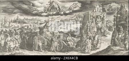 Allegoria della tregua dei dodici anni, 1609, grande allegoria della tregua dei dodici anni, 1609. La personificazione di Treves, la tregua, seduta su una carrozza con cannone convertita in carro trionfale, tra le personificazioni di sciplina (disciplina) e prosperità (Prosperitas). Davanti c'è padre Jan Neyen, accanto al carro ci sono re Giacomo i d'Inghilterra e re Enrico IV di Francia. Dietro il carro la guerra incatenata (Bellum) e un gruppo di soldati. Sotto le ruote della miseria del carro (Calamitas) e della fornicazione (Licentia) vengono schiacciate. Il carro trainato da una squadra di cavalli cavalcati Foto Stock